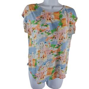Cynthia Rowley Linen Top M Riviera Print Short Sleeve 100% Linen Coastal Art